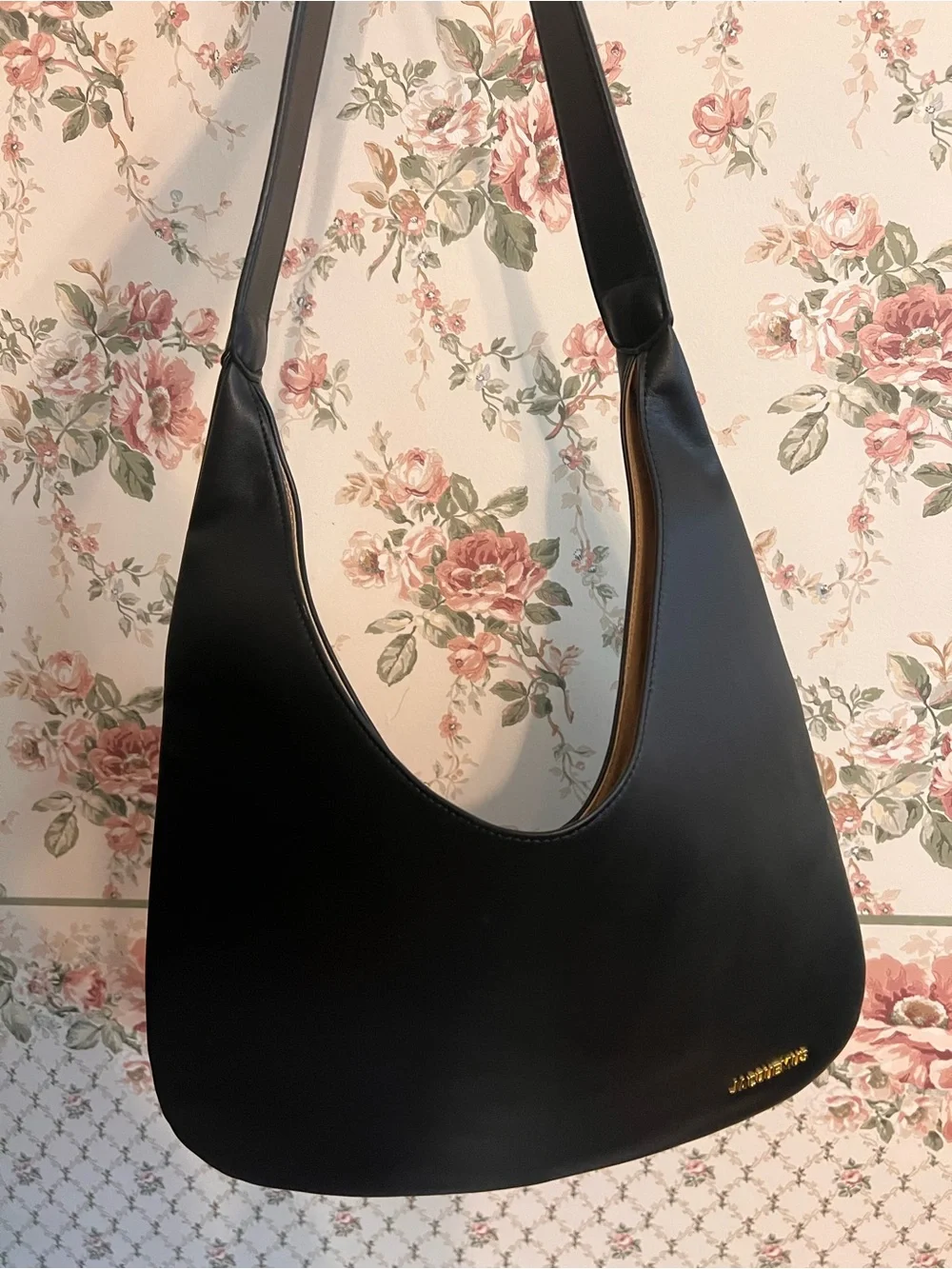 Jacquemus Black Leather Shoulder Bag large hobo curved moon sleek gold logo